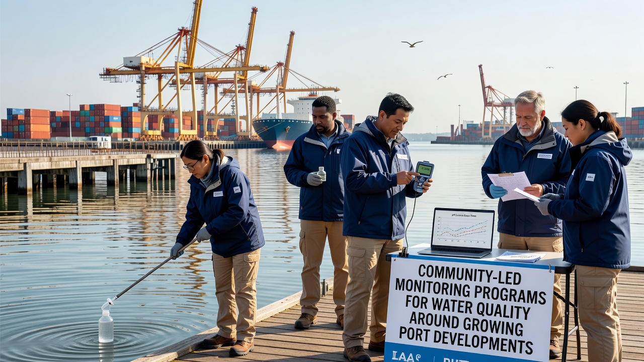 Group of local residents reviewing water quality data charts during a community meeting near a port expansion site