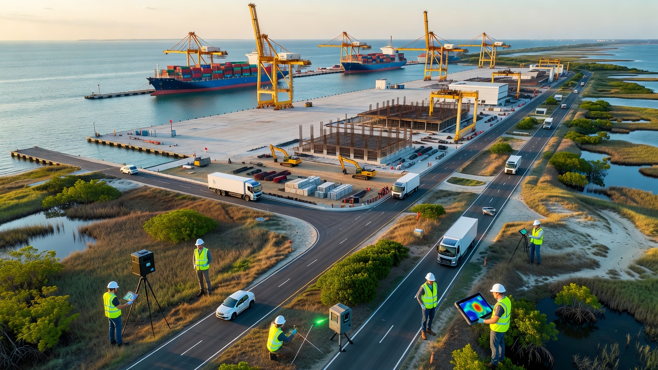 Field researchers collecting eDNA samples from estuarine waters adjacent to a busy logistics terminal with container cranes visible in the background